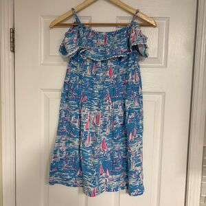 Lilly Pulitzer Blue And Pink Sail‎ Boat Off Shoulder Dress Size 16